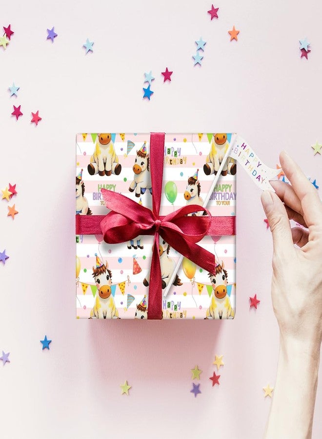 Geluode Horse Birthday Wrapping Paper, Safari Jungle Party Baby White Horse With Birthday Hat and Balloon Wrapping Paper - 6 Sheets Folded Flat 20x28Inches Gift Wrap for Girls Boys Kids Birthday Holiday - Image 4